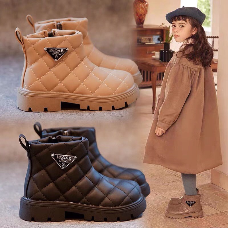 Giày bốt da PU chần trám cho bé gái - Boot đến mắt cá có khóa kéo cho mùa đông của bé cực chất đế chống trơn trượt  M18