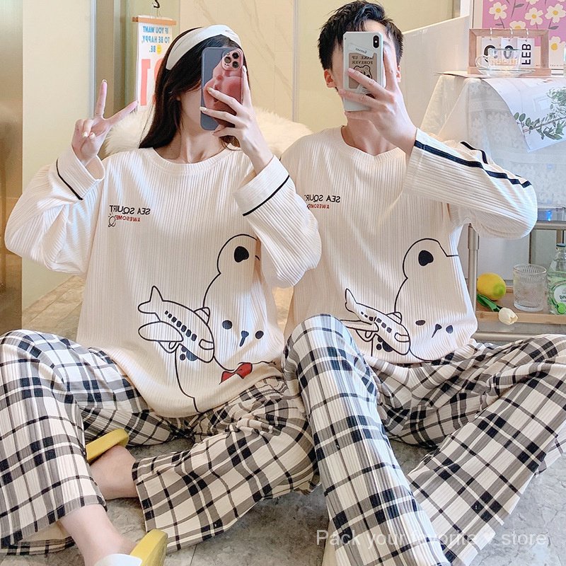 Bộ Đồ Ngủ cotton Cổ Tròn Tay Dài In Hoạt Hình Dành Cho Cặp Đôi