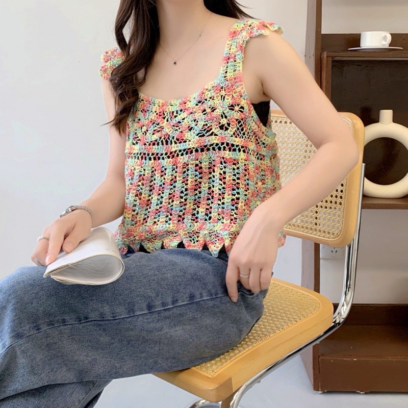 Áo 2 dây nữ mùa hè, áo 2s cánh tiên sợi móc sắc màu đi biển 2023