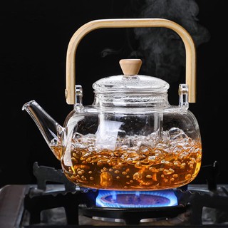   1000ml  Ấm trà thủy tinh quai gỗ chịu nhiệt cao KÈM lọc tháo rời dung tích lớn- Có thể đun trên bếp 