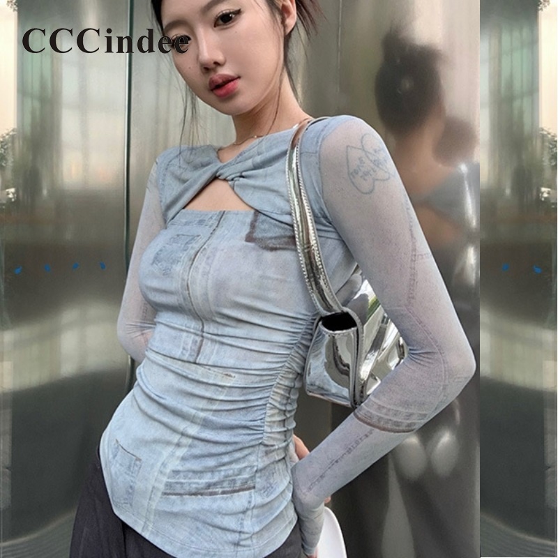 Áo thun nữ CCCINDEE lưới mỏng ôm dáng vừa vặn tay dài thắt nút cổ V màu sắc tương phản thời trang mới thường ngày 2023