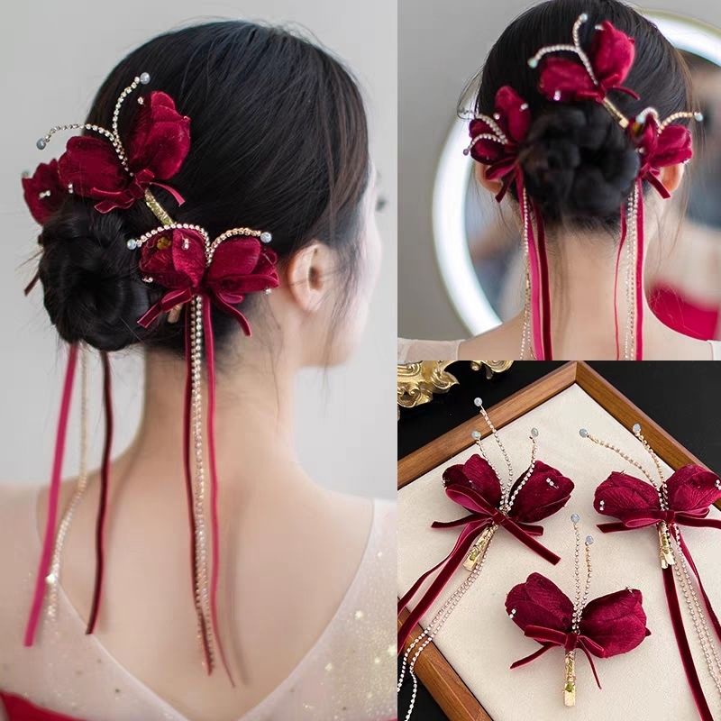 Phụ Kiện Kẹp Tóc Hình Nơ Bằng Nhung Màu Đỏ Tía Cho Cô Dâu