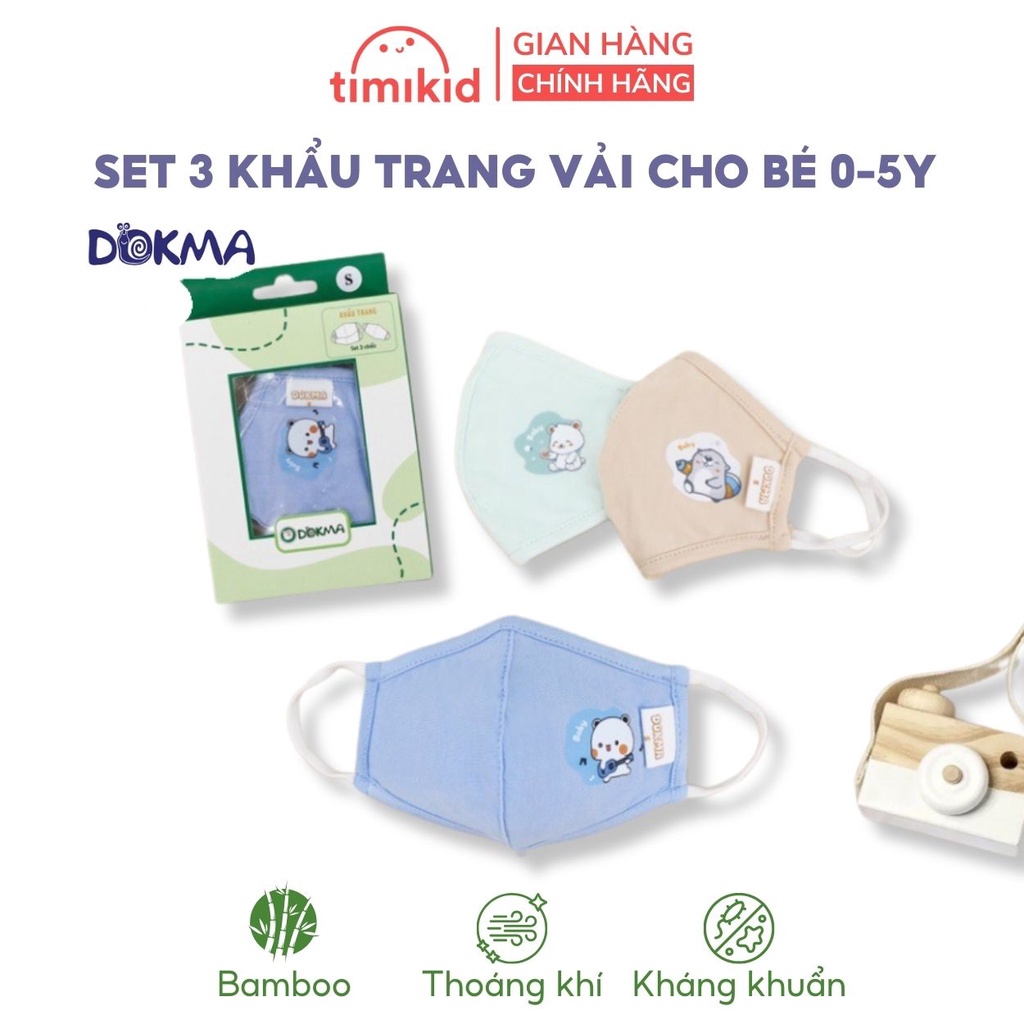 Set 3 Khẩu Trang Vải DOKMA Sợi Tre Kháng Khuẩn Cho Bé 3 Tháng đến 5 Tuổi