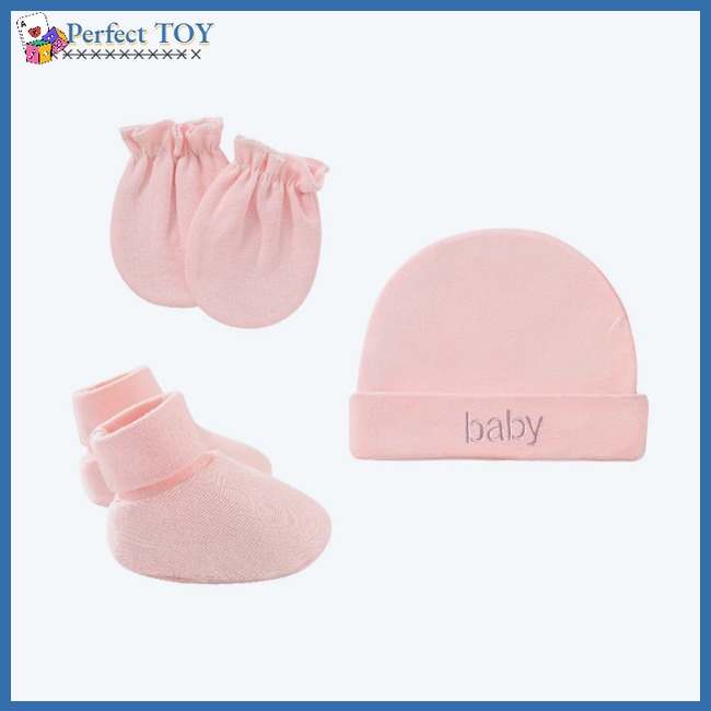 Psf set Mũ Và Găng Tay cotton Một Lớp Chống Trầy Xước Màu Trơn Cho Bé Trai Sơ Sinh