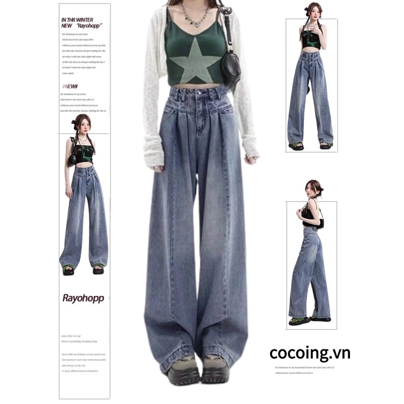 【S-5XL】Quần Jean Nữ Ống Rộng Lưng Cao Màu Sắc Đơn Giản Size