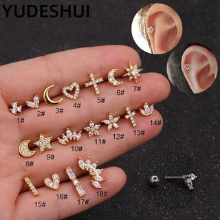 YUDESHUI New Fashion CZ Ear Piercing  Women Girl Body Jewelry Stud Earrings Star Moon Heart  Cartilage Helix Tragus  Punk Rock Cross Flower Crown|Color|1PC