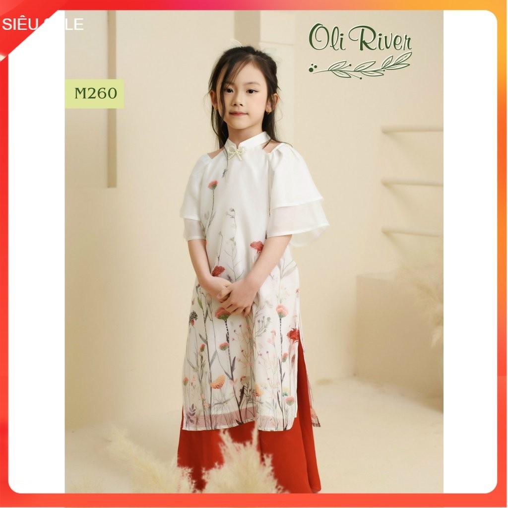 Set áo dài cách tân cho bé gái 1-11 tuổi in cành hoa hở vai vải tơ hàng thiết kế điệu đà thời trang
