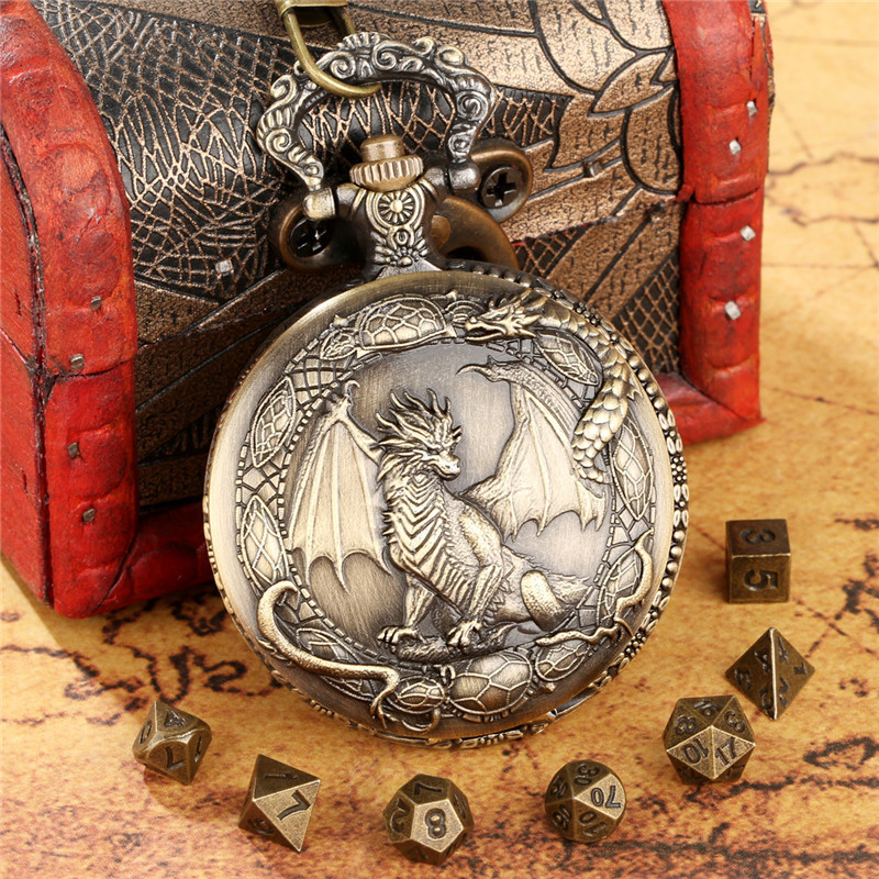 Steampunk Dragon Pattern Pocket Watch Case Pendant Chain with 7pcs Tiny Polyhedral Metal Dice Set for DND Role Play Gaming