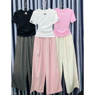 [Bộ quần Suông Đũi Áo Nơ] Set bộ mùa hè mát Quần Ống Suông Vải Đũi Vân Mây -Áo thun đính nơ dáng babytee Chất thun tăm