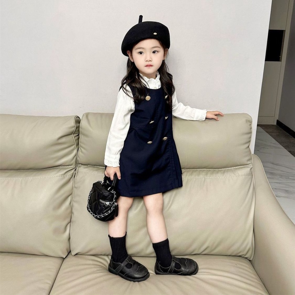 Set Áo Sơ Mi Tay Phồng + Váy Yếm Phong Cách Hàn Quốc Thời Trang Mùa Thu Mới Cho Bé Gái