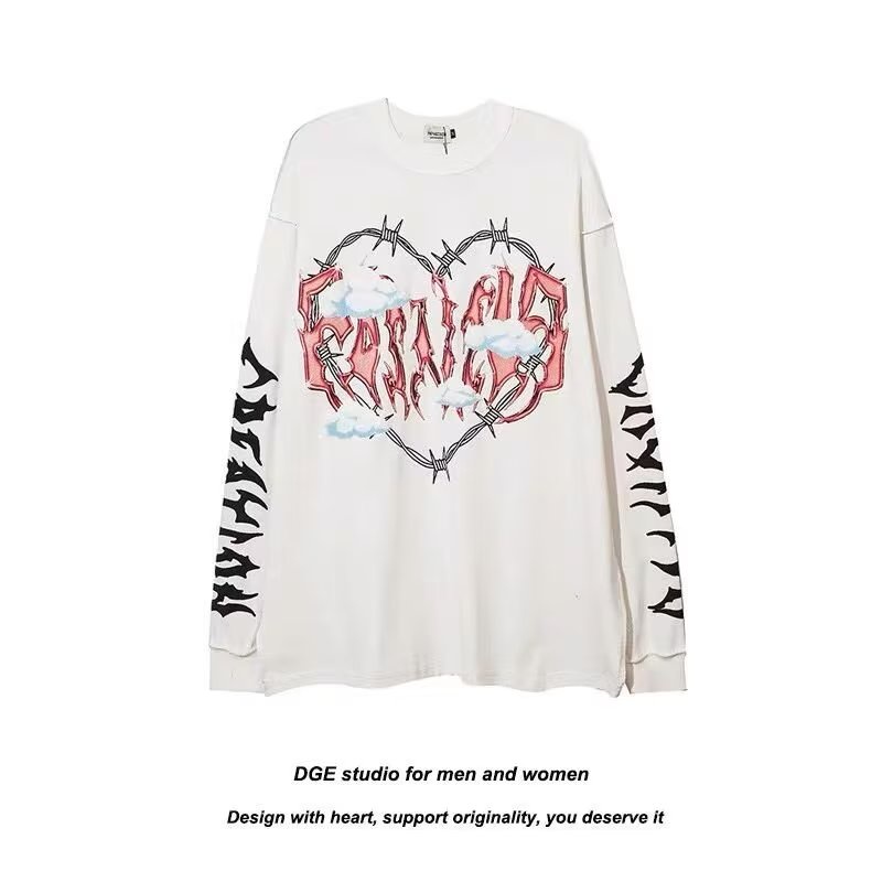 Áo sweater Tay Dài Dáng Rộng In Hình Trái Tim Màu Tối Phong Cách hip hop Đường Phố Âu Mỹ Cho Nam