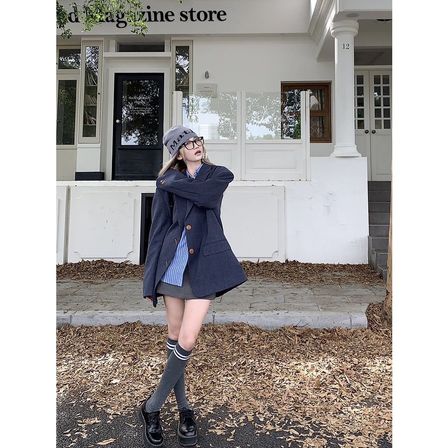 Bộ Áo Khoác blazer Dáng Rộng Cao Cấp + Áo Sơ Mi Kẻ Sọc Dài Tay + Chân Váy Chữ a Phong Cách Hàn Quốc
