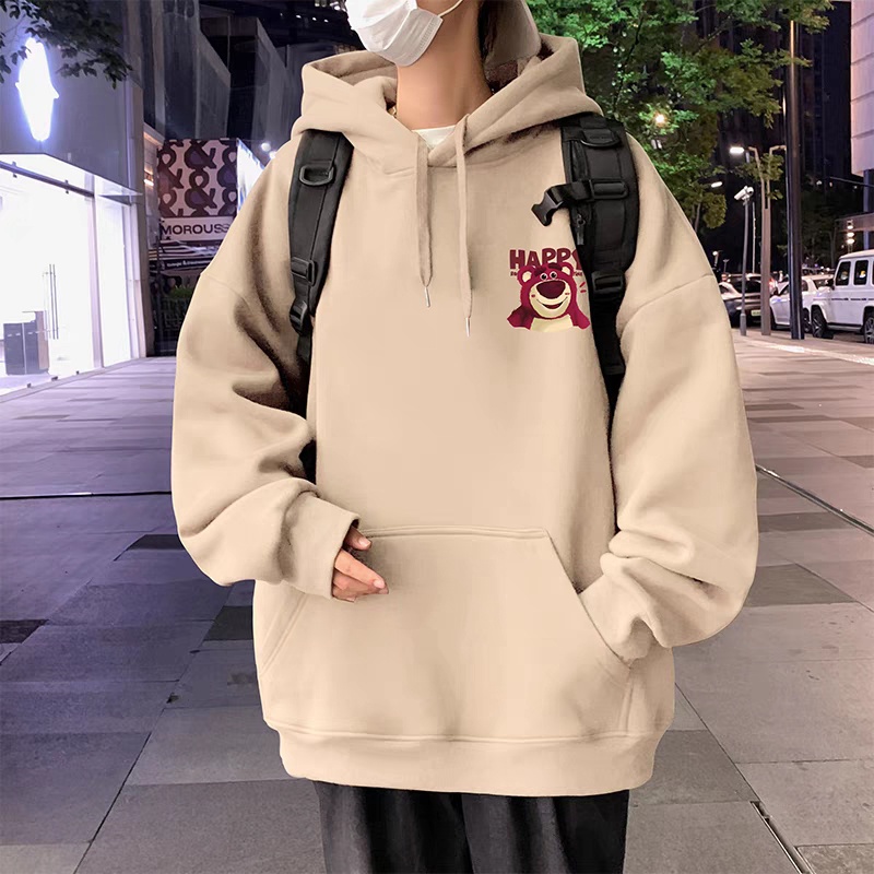Áo Khoác hoodie Tay Dài Dáng Rộng In Hình Gấu Và Dâu Tây Thời Trang Xuân Thu Cho Nam Và Nữ