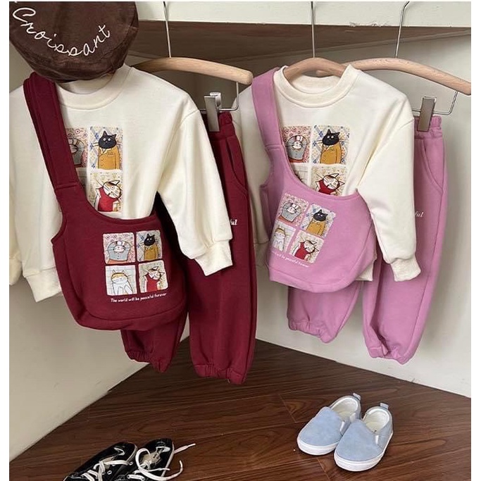 G687 - BỘ BÉ GÁI NỈ TRẮNG HÌNH MÈO KÈM TÚI