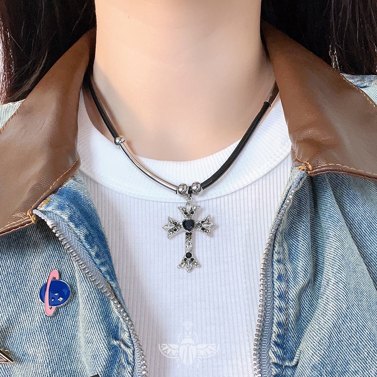 Vòng cổ Da unisex Mặt Thánh Giá Phong Cách hip hop