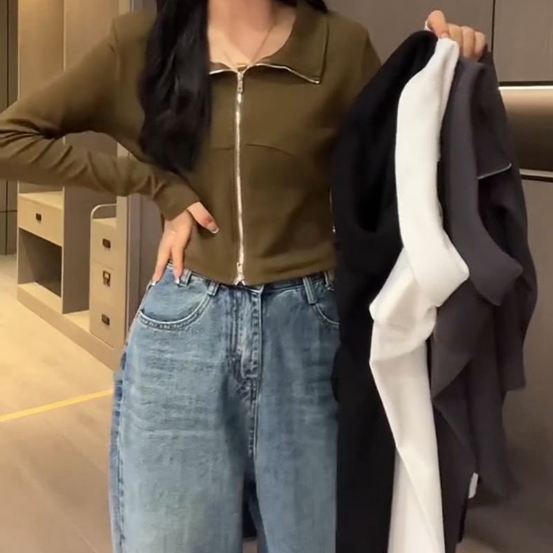 Áo Thun polo Tay Dài Dáng Ôm Màu Trơn Có Khóa Kéo Thời Trang Mùa Thu Phong Cách Hàn Quốc 2022 Mới