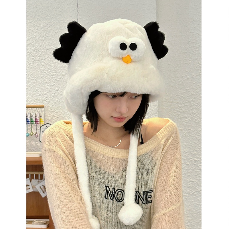 Mũ Trùm Đầu Vải Lông Cừu Dày Dặn Giữ Ấm Tai Họa Tiết Hoạt Hình Phong Cách Hàn Quốc Dễ Thương