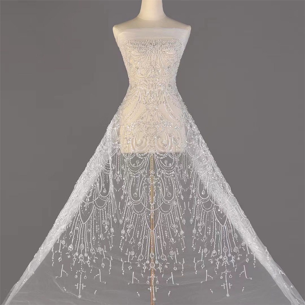 Vải Ren Thêu Họa Tiết Đính Kim Sa Lấp Lánh Thời Trang Âu Mỹ Dùng May Đầm Cưới