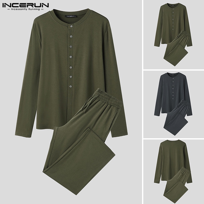 INCERUN Set Áo Sơ Mi Dài Tay Và Quần Dài Lưng Thun Phong Cách Hàn Quốc Cho Nam