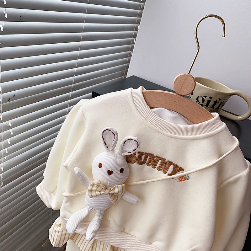 Thời Trang Bộ Áo Thun cotton Tay Dài In Hình Thỏ 2023 Kèm Quần Ống Loe Dành Cho Bé Gái