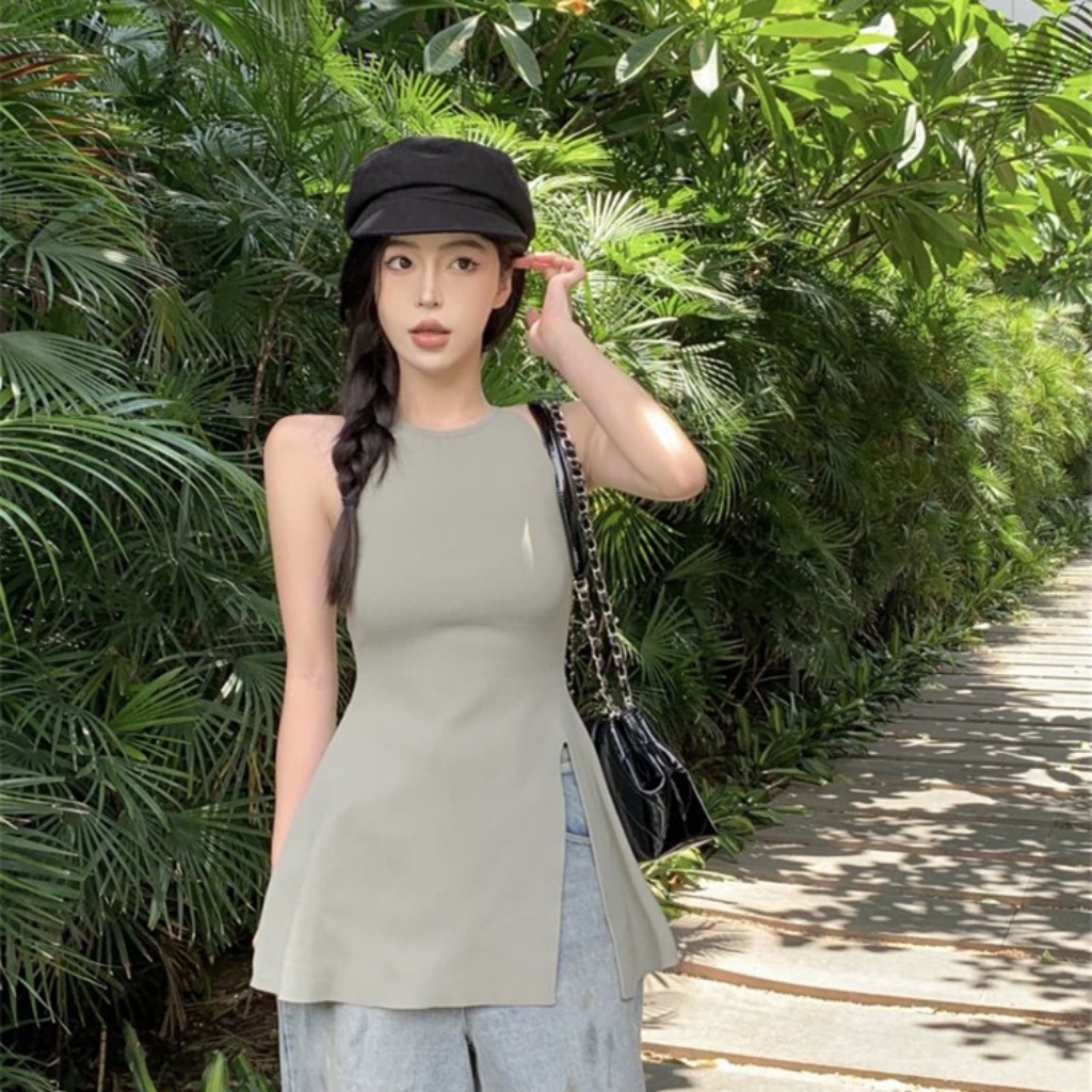 Áo Vest Xẻ Tà Vừa Vặn Màu Trơn Phong Cách Mới Phụ Nữ Mùa Hè Gợi Cảm Áo Không Tay