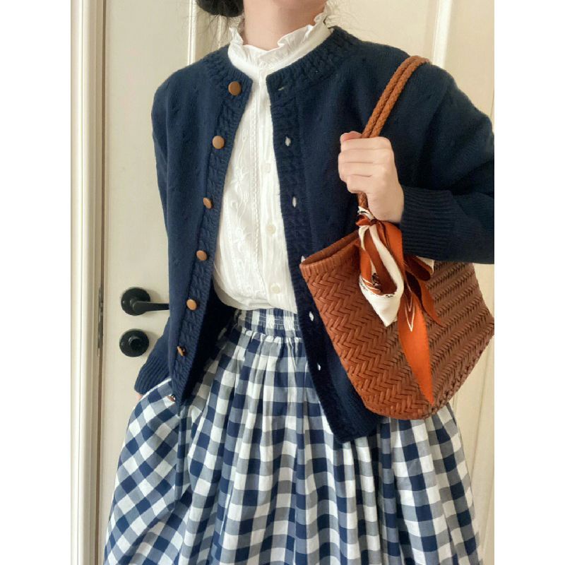 Set Áo Khoác cardigan Dệt Kim + Chân Váy Caro Phong Cách Hàn Quốc Cho Nữ