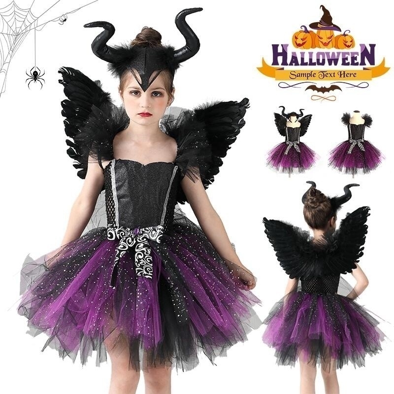 Đầm Hóa Trang halloween Nhân Vật Phù Thủy Ác Quỷ Có Cánh Cho Bé Gái