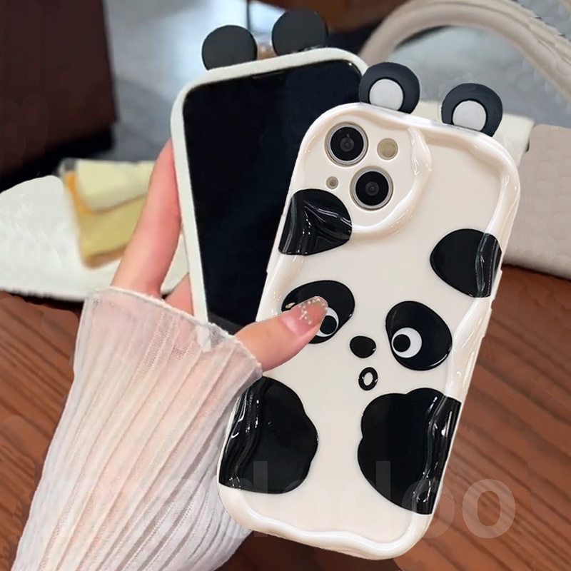 Cute 3D Ear BFF Casing Redmi Note 13 Pro+ 12S 4G 12 Pro Plus 5G 13C 12C A1 A2 11S 11 10C 10 9T 9C 9A POCO X5 Black White simple Cartoon Panda Wavy Cream Edge Full Fine Hole Anti-fall Soft Phone Case NY 54