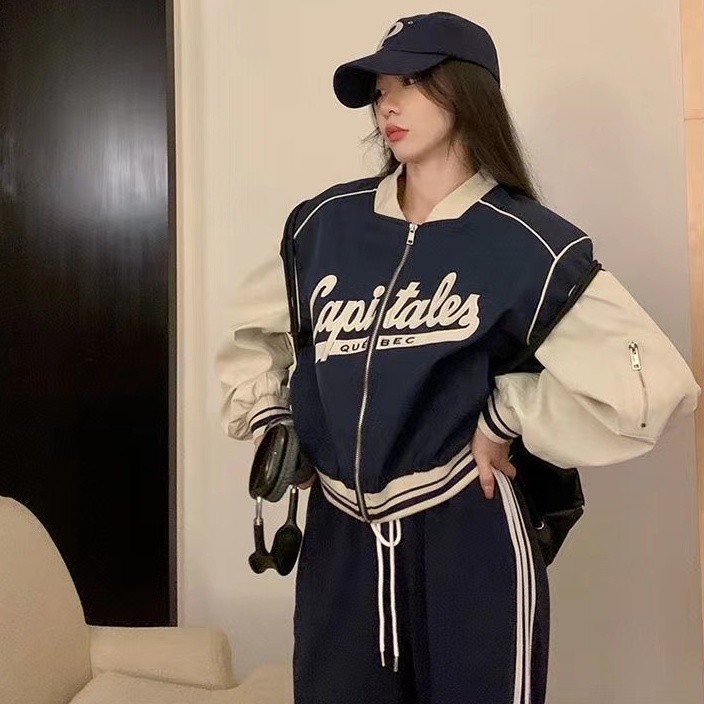 Áo Khoác Bóng Chày Tay Dài Dáng Rộng In Chữ cozok Màu Sắc Tương Phản Có Khóa Kéo Phong Cách vintage