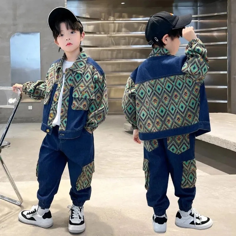 SUPER KIDS quần áo trẻ em Bộ Quần Áo denim Phong Cách Hàn Quốc Năng Động Cho Bé Trai đồ bé trai