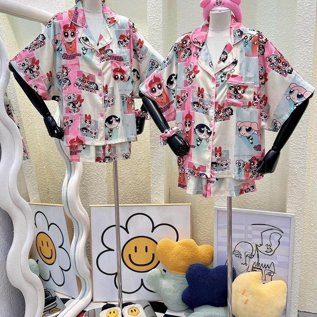 Bộ Pijama Monybear quần đùi , áo tay dơi in hình Powerpuff girl khung kèm cột tóc - HN1591