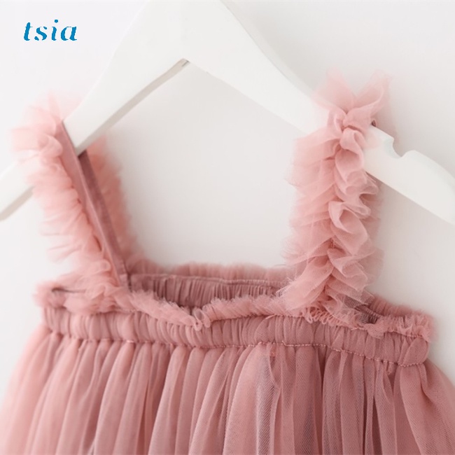 Đầm cotton Hai Dây Phối Lưới Xinh Xắn Dành Cho Bé Gái 0-3 Tuổi