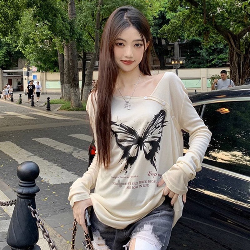 Áo Thun Dài Tay Đính Nơ Dáng Rộng Phong Cách Mỹ Cho Nữ