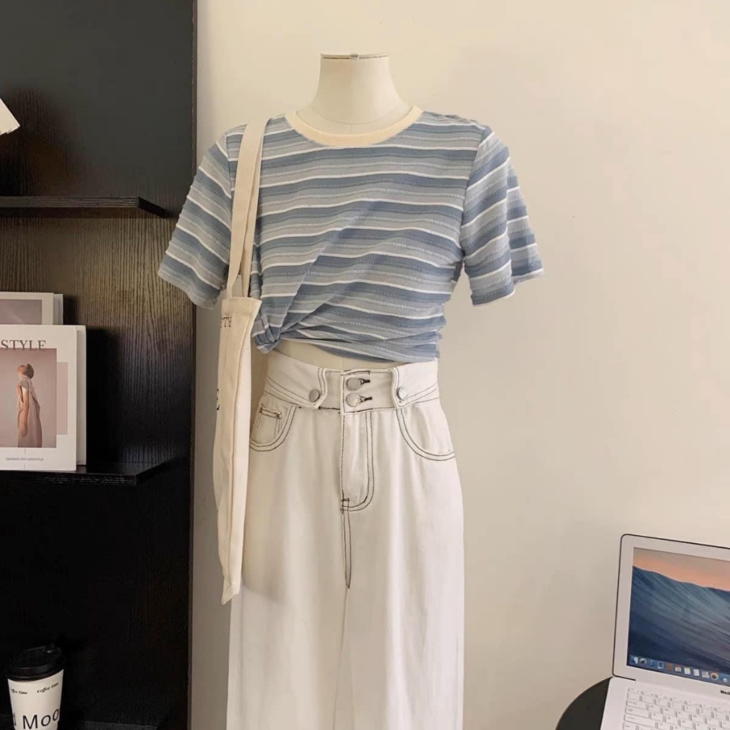 Áo thun croptop nữ tay ngắn cổ tròn kẻ sọc màu sắc hàng Quảng Châu chất cotton, áo phông mùa hè thời trang hàn 702 5