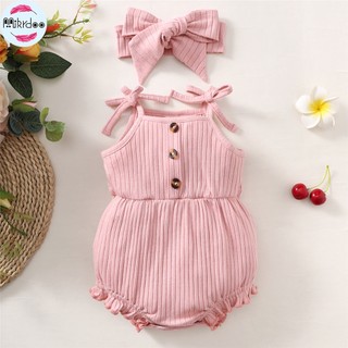 Bộ Áo Liền Quần Hai Dây Kèm Băng Đô Màu Trơn Dễ Thương Cho Bé Gái Sơ Sinh 0-9 Tháng Tuổi