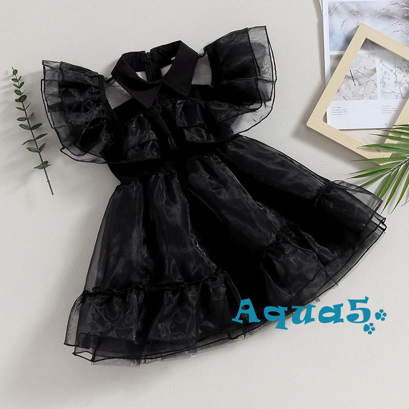 Aqua-đầm Xòe Chữ a Màu Đen Cổ Bẻ Tay Phồng Hóa Trang halloween Cho Bé Gái