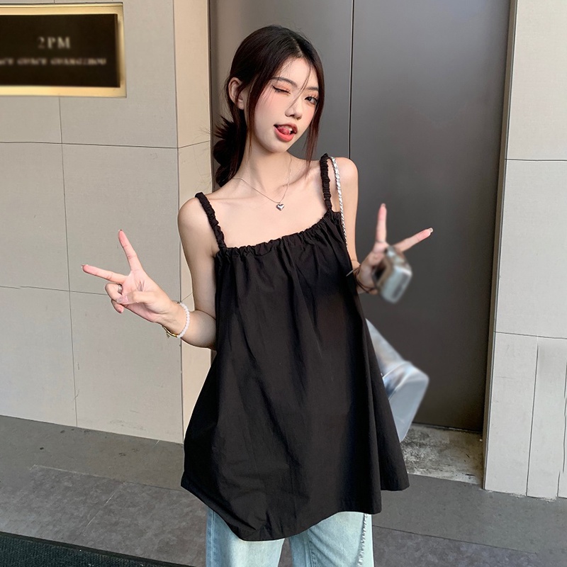 Áo Hai Dây Mùa Hè Màu Trơn Phối Ren Hở Lưng Phong Cách Hàn Quốc Cho Nữ