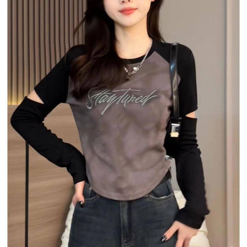 Áo Thun Tay Dài Hở Vai Thêu Chữ Thời Trang Mùa Thu Phong Cách Mới