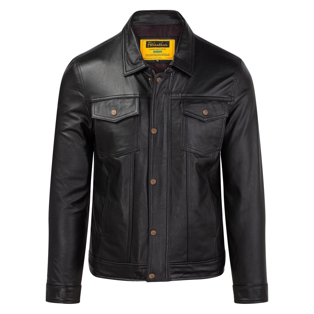 Áo khoác da nam, áo da thật cao cấp Fttleather Trucker Jacket Da Bò Túi Hộp - AD405B