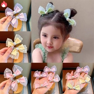 Kẹp tóc nơ phối lưới đính ngọc trai thời trang mùa hè cho bé gái