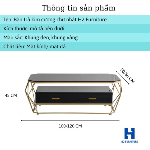 Bàn trà chữ nhật sofa H2 FURNITURE khung kim loại mặt đá, bàn 2 tầng có ngăn kéo cho phòng khách, phòng chờ