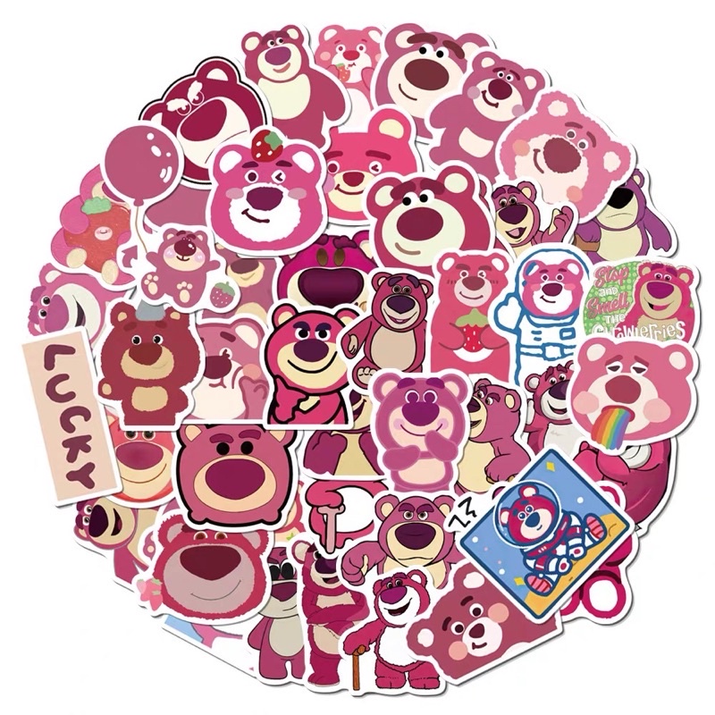 PVN61318 Combo 50 miếng Sticker Gấu Dâu LOTSO Hồng Siêu Dễ Thương