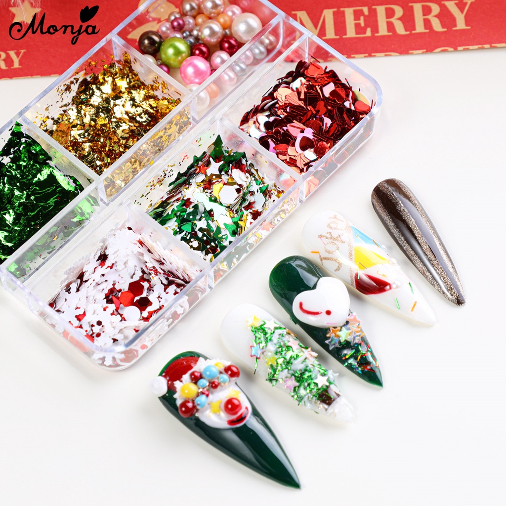Monja Hộp Lá Nhôm 6 Ngăn Đựng Hạt Kim Sa Hình Hoa Tuyết / Trái Tim Nhiều Màu Sắc Trang Trí Móng Nghệ Thuật diy