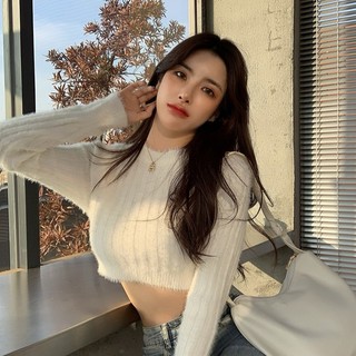 Áo Len Croptop Lông Thú Tay Dài Cổ Tròn Mềm Mại Phong Cách Hàn Quốc Cho Nữ