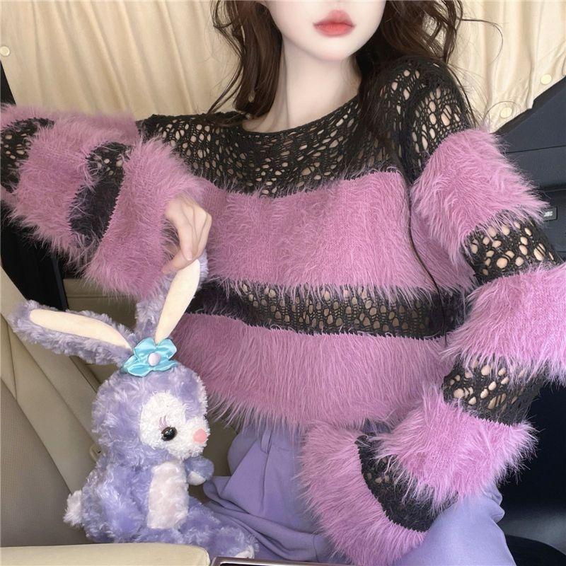 Milyfashion Áo sweater Ngắn Mềm Mại Họa Tiết Kẻ Sọc Rỗng Phối Tua Rua Thời Trang Mùa Thu Phong Cách Mới Cho Nữ