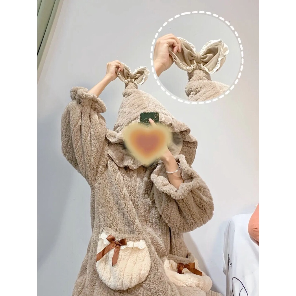 Đầm Ngủ Lông Cừu San Hô Dày Dặn Dáng Dài Thời Trang Thu Đông Cho Nữ