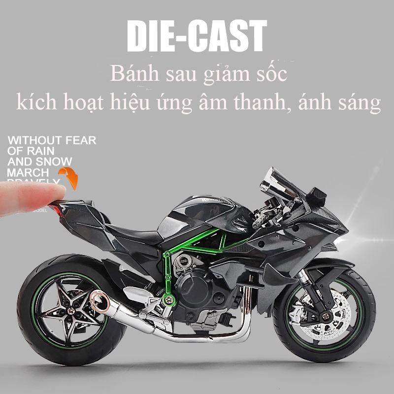 Mô hình xe mô tô Kawasaki Ninja H2R bằng hợp kim nguyên khối có nhạc và đèn tỷ lệ 1:12 tặng ô tô