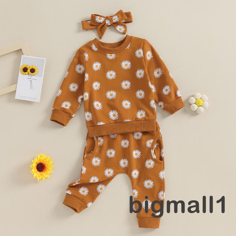 Topmall set Áo Thun Tay Dài & Quần Dài In Hoa Cúc & Băng Đô Quấn Đầu Cho Bé Gái Từ 6 Tháng - 3 Tuổi