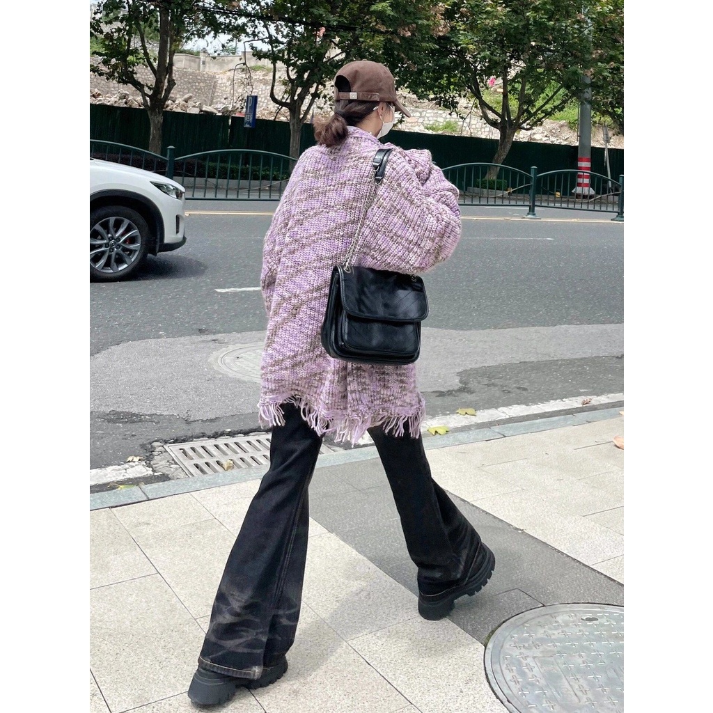 Áo Khoác cardigan Dệt Kim Dáng Rộng Đính Nút Và Tua Rua Màu Tím Kiểu retro Thời Trang Mùa Thu Cho Nữ