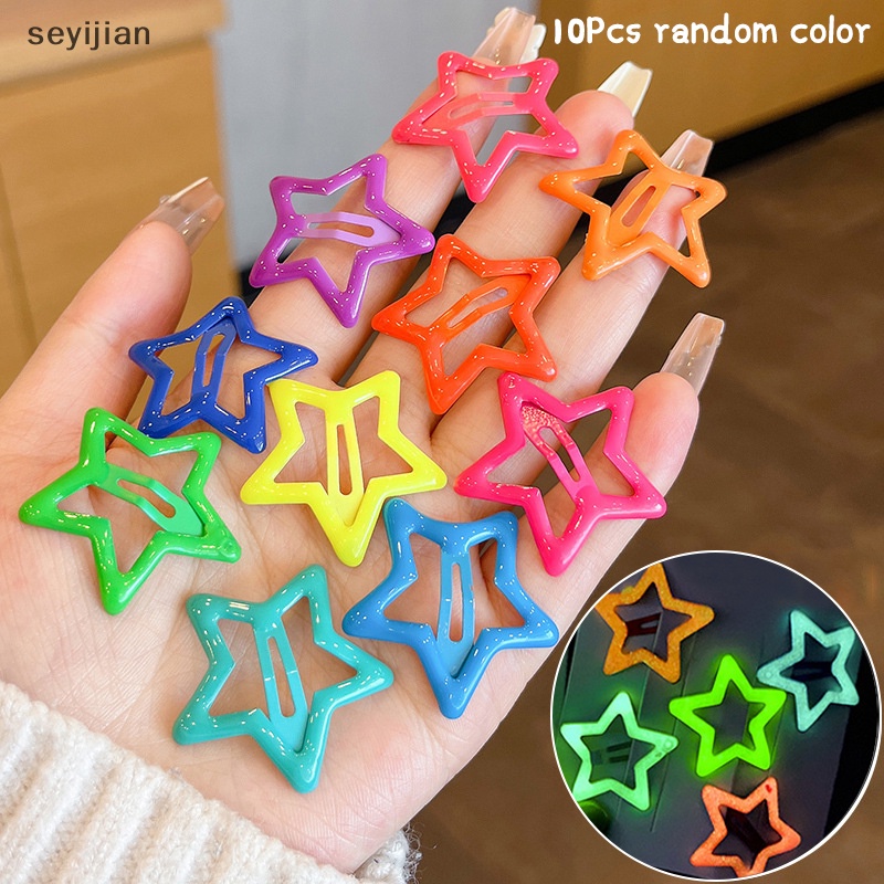 Set 10 Kẹp Tóc Kim Loại Hình Ngôi Sao / Trái Tim Màu Sắc Ngọt Ngào Cho Bé Gái